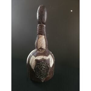 Vintage COW HIDE COVERED Brandy Bottle White & Brown Crest Braided Leather Cork